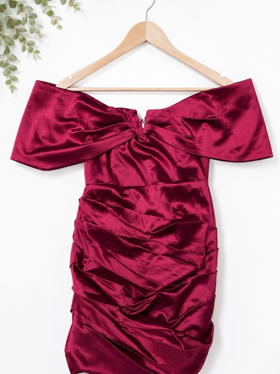 Miss Circle Dresses & Skirts - Miss Circle Burgundy/Wine Satin Off-the-Shoulder Ruched Mini Dress – Size XL